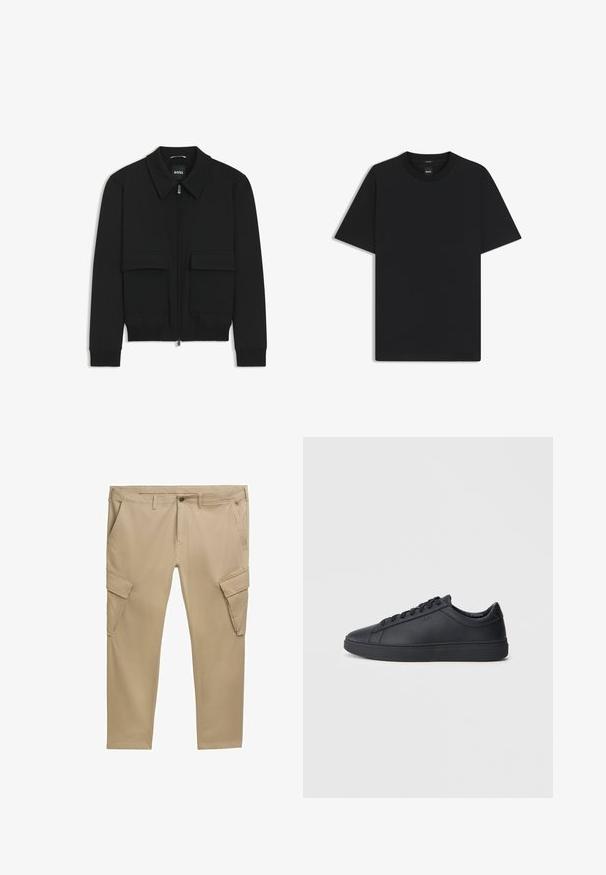 Zwarte bomberjack met een kraag, rits aan de voorkant en twee grote klepzakken. Heeft geribde manchetten en onderrand, gemaakt van textuurstof.; Zwarte korte mouwen T-shirt van een gladde katoenmix, met een ronde halslijn en een minimalistisch ontwerp zonder patronen of accenten.; Beige cargo broek met meerdere zakken, een rits sluiting en ceintuurlussen. Gemaakt van katoen, hebben ze een rechte pijp en subtiele stiksels.; Zwarte sneakers van glad leer met een lage schacht, ronde neus en platte rubberen zool. Voorzien van veters en subtiele branding.