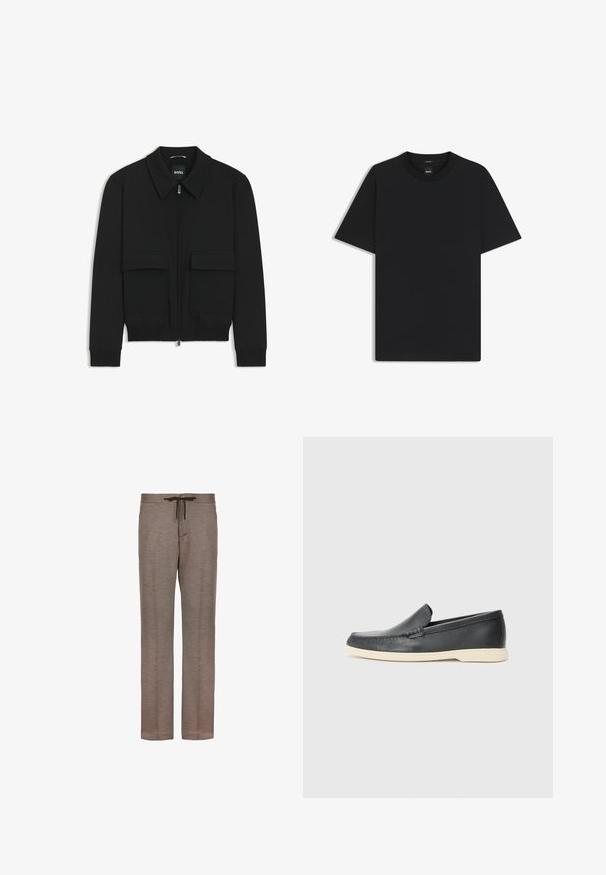 Svart bomberjacka med krage, dragkedja framtill och två stora klafffickor. Har ribbade mudd och nederkant, tillverkad av strukturerad tyg.; Svart kortärmad T-shirt i en mjuk bomullsblandning, med rundad halsringning och en minimalistisk design utan mönster eller detaljer.; Bruna, lätta byxor i mjukt tyg med dragsko i midjan och rak bendesign, utan synliga mönster eller hårdvarudetaljer.; Svarta läder slip-on loafers med en texturerad yta och en kontrasterande beige gummisula. Har en subtil accent längs fram.