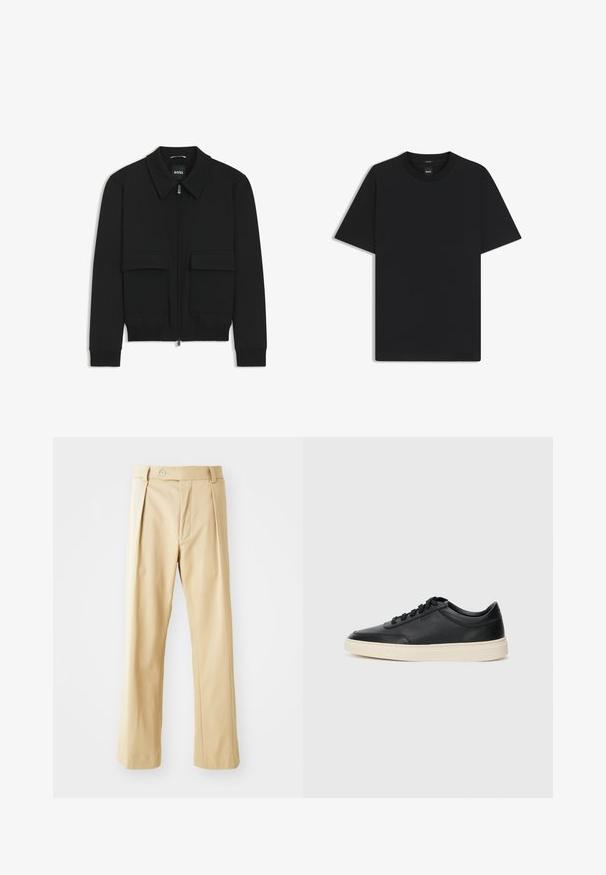 Chaqueta bomber negra con cuello tipo camisa, cierre frontal de cremallera y dos grandes bolsillos con solapa. Presenta puños ribeteados y dobladillo, confeccionada en tela texturizada.; Camiseta negra de manga corta fabricada con una suave mezcla de algodón, que presenta un cuello redondo y un diseño minimalista sin patrones ni acentos.; Pantalones beige con un diseño de pierna recta, que cuentan con pliegues frontales, un cierre de botón y una textura suave. Sin patrones o acentos visibles.; Zapatilla negra de piel de caña baja con cordones negros y suela color crema, mostrada en perfil lateral sobre fondo blanco.