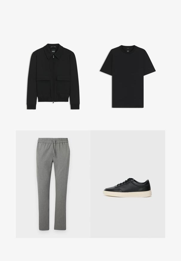 Musta pommikohva takki, jossa on kauluskulli, vetoketju etupuolella ja kaksi suurta läpällistä taskua. Varustettu ribbireunuksilla hihoissa ja helmassa, valmistettu teksturoituneesta kankaasta.; Musta lyhythiha T-paita, joka on valmistettu sileästä puuvillasekoitteesta. Paita on varustettu pyöreällä pääntiehen ja siinä on minimaalinen muotoilu ilman kuvioita tai yksityiskohtia.; Harmaat, kapenevat housut, jotka on valmistettu teksturoidusta kankaasta. Ominaisuuksiin kuuluu joustava vyötärö, jossa on nyöri, ei taskuja ja sileä pinta.; Musta matalavartinen nahkastretchu, jossa on mustat nauhat ja vaaleanharmaa pohja, esitetty sivuprofiilissa valkoista taustaa vasten.
