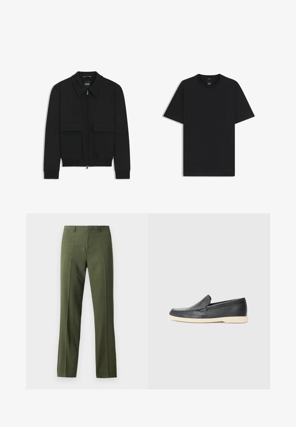 Black bomber jacket with a collared neck, zip front, and two large flap pockets. Features ribbed cuffs and hem, made of textured fabric.; Black short-sleeve T-shirt made from a smooth cotton blend, featuring a crew neckline and a minimalistic design with no patterns or accents.; Olive green tailored trousers featuring a smooth texture, straight cut, and front crease, designed for formal or semi-formal occasions.; Black leather slip-on loafers with a textured finish and a contrasting beige rubber sole. Features a subtle accent along the front.