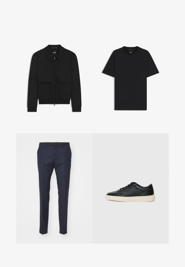 Black bomber jacket with a collared neck, zip front, and two large flap pockets. Features ribbed cuffs and hem, made of textured fabric.; Black short-sleeve T-shirt made from a smooth cotton blend, featuring a crew neckline and a minimalistic design with no patterns or accents.; Navy tailored trousers with a smooth texture, featuring a flat front, crease lines, and sleek fit, suitable for formal occasions.; Black low-top leather sneaker with black laces and off-white sole shown in side profile on white background.