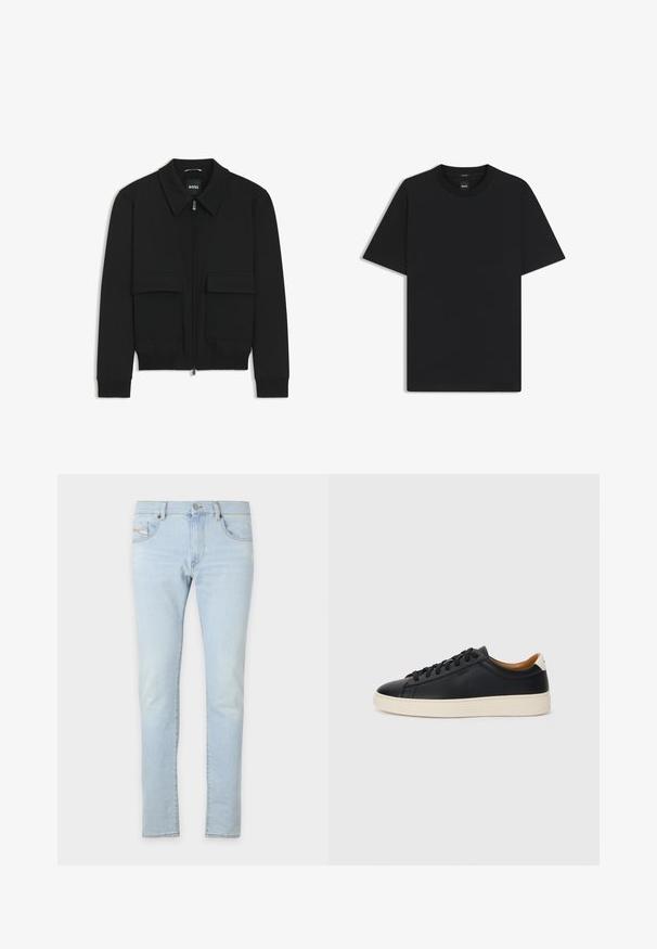 Giacca bomber nera con colletto, chiusura a zip frontale e due grandi tasche con patta. Presenta polsini e orlo a costine, realizzata in tessuto testurizzato.; Maglietta nera a maniche corte realizzata in un morbido misto cotone, con scollatura a girocollo e un design minimalista senza motivi o dettagli.; Jeans in denim azzurro chiaro con una vestibilità slim, dotati di tasche frontali e posteriori, e con una leggera usura sul tessuto per aggiungere texture.; Sneakers in pelle nera con una texture liscia, suola in gomma beige, design con lacci e un accento del tacco in contrasto.