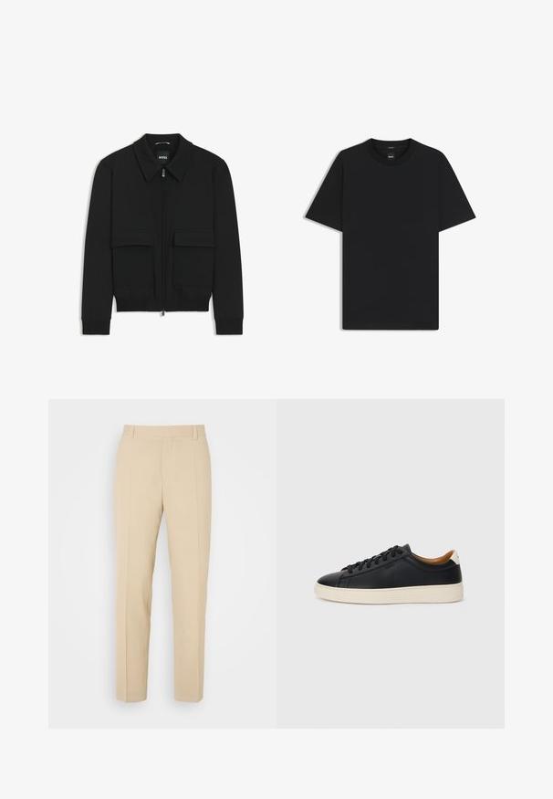 Zwarte bomberjack met een kraag, rits aan de voorkant en twee grote klepzakken. Heeft geribde manchetten en onderrand, gemaakt van textuurstof.; Zwarte korte mouwen T-shirt van een gladde katoenmix, met een ronde halslijn en een minimalistisch ontwerp zonder patronen of accenten.; Beige op maat gemaakte broek met een recht gesneden ontwerp, gemaakt van lichtgewicht stof, met twee voorzakken en nette, geplooide vouwen.; Zwarte leren sneakers met een gladde textuur, beige rubberen zool, vetersluiting en een contrasterende hielaccent.