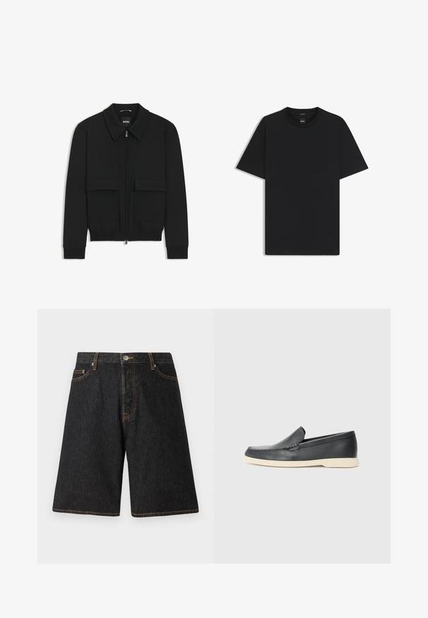 Schwarze Bikerjacke mit Kragen, Reißverschluss vorne und zwei großen Taschen mit Klappen. Mit Rippstrickbündchen und Saum, aus strukturiertem Stoff gefertigt.; Schwarz T-Shirt mit kurzen Ärmeln aus einem glatten Baumwollmix, mit Rundhalsausschnitt und einem minimalistischen Design ohne Muster oder Akzente.; Schwarze Jeansshorts mit geradem Beinschnitt, orangefarbener Naht, fünf Taschen und einem Metallknopfverschluss am Bund.; Schwarze Leder-Slipper mit strukturiertem Finish und einer kontrastierenden beige Gummisohle. Mit einem dezenten Akzent an der Vorderseite.