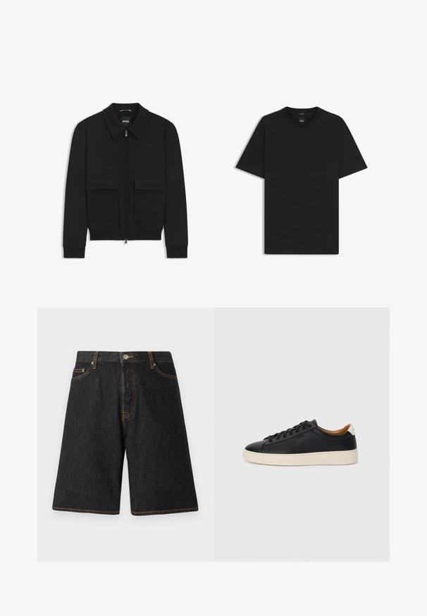 Zwarte bomberjack met een kraag, rits aan de voorkant en twee grote klepzakken. Heeft geribde manchetten en onderrand, gemaakt van textuurstof.; Zwarte korte mouwen T-shirt van een gladde katoenmix, met een ronde halslijn en een minimalistisch ontwerp zonder patronen of accenten.; Zwarte denim shorts met een rechte pijp, voorzien van oranje stiksels, vijf zakken en een metalen knoopsluiting bij de tailleband.; Zwarte leren sneakers met een gladde textuur, beige rubberen zool, vetersluiting en een contrasterende hielaccent.