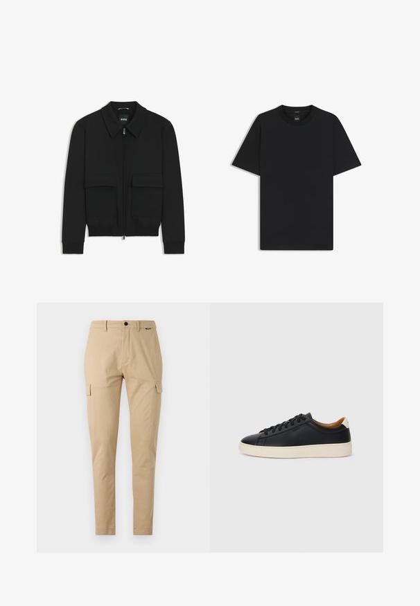 Zwarte bomberjack met een kraag, rits aan de voorkant en twee grote klepzakken. Heeft geribde manchetten en onderrand, gemaakt van textuurstof.; Zwarte korte mouwen T-shirt van een gladde katoenmix, met een ronde halslijn en een minimalistisch ontwerp zonder patronen of accenten.; Khaki cargobroek met rechte snit, voorzien van twee zijzakken, een knoopsluiting en een soepele katoenen stof.; Zwarte leren sneakers met een gladde textuur, beige rubberen zool, vetersluiting en een contrasterende hielaccent.