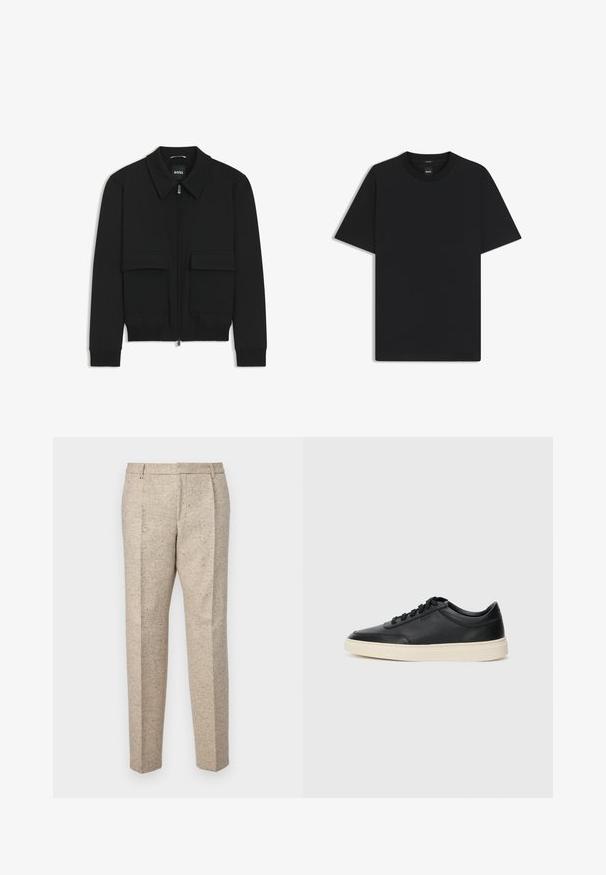 Black bomber jacket with a collared neck, zip front, and two large flap pockets. Features ribbed cuffs and hem, made of textured fabric.; Black short-sleeve T-shirt made from a smooth cotton blend, featuring a crew neckline and a minimalistic design with no patterns or accents.; Beige tailored trousers made from textured fabric, featuring two front pleats, belt loops, and a straight leg design.; Black low-top leather sneaker with black laces and off-white sole shown in side profile on white background.