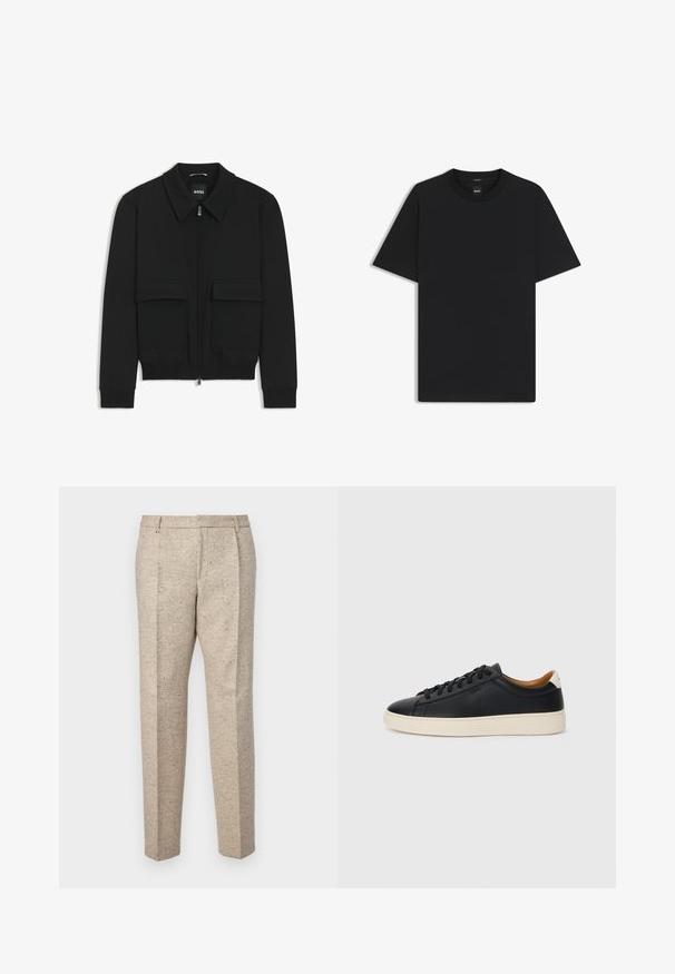 Zwarte bomberjack met een kraag, rits aan de voorkant en twee grote klepzakken. Heeft geribde manchetten en onderrand, gemaakt van textuurstof.; Zwarte korte mouwen T-shirt van een gladde katoenmix, met een ronde halslijn en een minimalistisch ontwerp zonder patronen of accenten.; Beige op maat gemaakte broek van gestructureerde stof, met twee voorplooien, riemlussen en een recht gesneden ontwerp.; Zwarte leren sneakers met een gladde textuur, beige rubberen zool, vetersluiting en een contrasterende hielaccent.