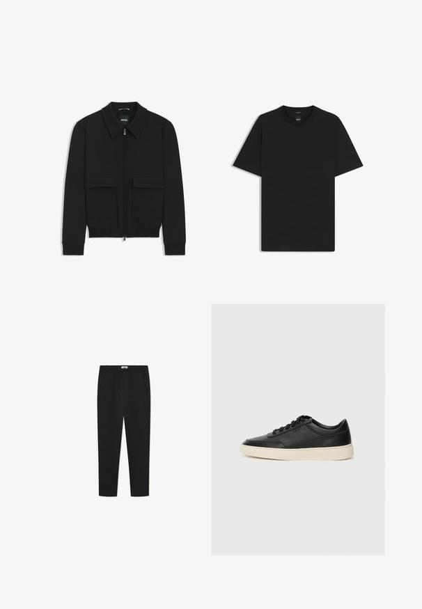 Schwarze Bikerjacke mit Kragen, Reißverschluss vorne und zwei großen Taschen mit Klappen. Mit Rippstrickbündchen und Saum, aus strukturiertem Stoff gefertigt.; Schwarz T-Shirt mit kurzen Ärmeln aus einem glatten Baumwollmix, mit Rundhalsausschnitt und einem minimalistischen Design ohne Muster oder Akzente.; Schwarze Sweatpants aus weichem Stoff, mit einem elastischen Bund mit Kordelzug, zwei Seitentaschen und einem schmal zulaufenden Design.; Schwarzer niedriger Ledersneaker mit schwarzen Schnürsenkeln und cremefarbenem Sohlenrand, seitlich auf weißem Hintergrund dargestellt.
