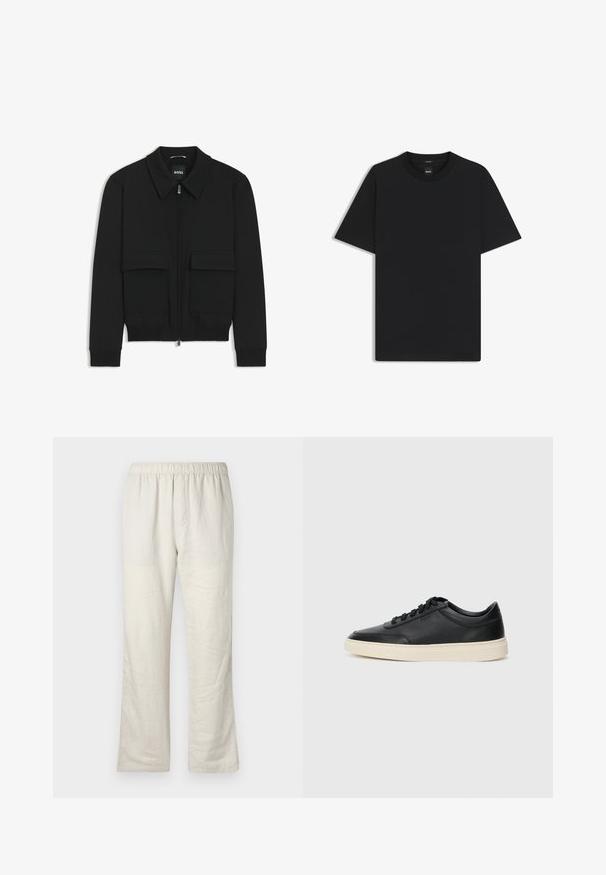 Black bomber jacket with a collared neck, zip front, and two large flap pockets. Features ribbed cuffs and hem, made of textured fabric.; Black short-sleeve T-shirt made from a smooth cotton blend, featuring a crew neckline and a minimalistic design with no patterns or accents.; Beige lightweight linen pants with elastic waistband, straight leg fit, and no visible pockets or closures.; Black low-top leather sneaker with black laces and off-white sole shown in side profile on white background.