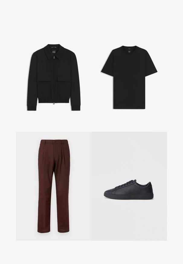Schwarze Bikerjacke mit Kragen, Reißverschluss vorne und zwei großen Taschen mit Klappen. Mit Rippstrickbündchen und Saum, aus strukturiertem Stoff gefertigt.; Schwarz T-Shirt mit kurzen Ärmeln aus einem glatten Baumwollmix, mit Rundhalsausschnitt und einem minimalistischen Design ohne Muster oder Akzente.; Braune, plissierte Hosen aus strukturiertem Material. Mit einem Knopfverschluss und einem lässigen Schnitt, der sich leicht zur Knöchel hin verjüngt.; Schwarze Sneaker aus glattem Leder mit einem tiefen Design, runder Zehenform und flacher Gummi-Sohle. Mit Schnürsenkeln und dezentem Branding.