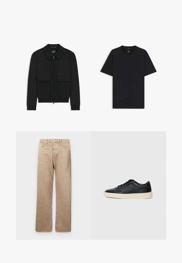 Zwarte bomberjack met een kraag, rits aan de voorkant en twee grote klepzakken. Heeft geribde manchetten en onderrand, gemaakt van textuurstof.; Zwarte korte mouwen T-shirt van een gladde katoenmix, met een ronde halslijn en een minimalistisch ontwerp zonder patronen of accenten.; Beige denim jeans met een rechte pasvorm, voorzien van vijf zakken, een knoopsluiting en contrasterende stiksels. Veneuze textuur en minimale slijtage.; Zwarte leren sneaker met lage schacht, zwarte veters en off-white zool, weergegeven in zijprofiel op een witte achtergrond.