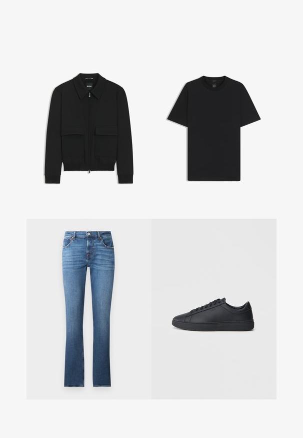 Czarna kurtka bomberka z kołnierzykiem, zapinana na zamek, z dwiema dużymi kieszeniami z klapami. Posiada ściągacze na mankietach i dole, wykonana z teksturowanej tkaniny.; Czarny t-shirt krótki rękaw wykonany z gładkiej mieszanki bawełny, z okrągłym dekoltem i minimalistycznym designem bez wzorów czy akcentów.; Niebieskie dżinsy o prostym kroju nogawki, z lekkim wyblaknięciem, pięcioma kieszeniami i metalowymi detalami. W pasie znajdują się szlufki na pasek.; Czarne trampki wykonane z gładkiej skóry, w niskim kroju, z okrągłym noskiem i płaską gumową podeszwą. Posiadają sznurówki oraz dyskretną markę.