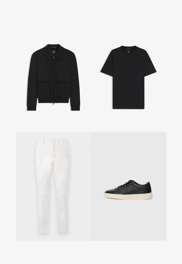 Schwarze Bikerjacke mit Kragen, Reißverschluss vorne und zwei großen Taschen mit Klappen. Mit Rippstrickbündchen und Saum, aus strukturiertem Stoff gefertigt.; Schwarz T-Shirt mit kurzen Ärmeln aus einem glatten Baumwollmix, mit Rundhalsausschnitt und einem minimalistischen Design ohne Muster oder Akzente.; Weiße Hose mit maßgeschneidertem Schnitt, flacher Vorderseite, zwei Seitentaschen und einer einzigen Gesäßtasche. Hergestellt aus glattem Stoff.; Schwarzer niedriger Ledersneaker mit schwarzen Schnürsenkeln und cremefarbenem Sohlenrand, seitlich auf weißem Hintergrund dargestellt.