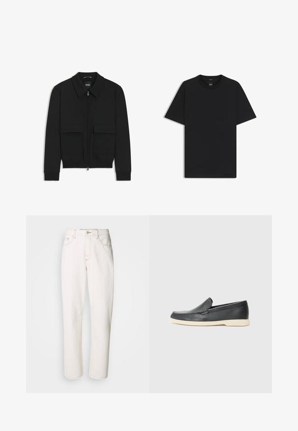 Giacca bomber nera con colletto, chiusura a zip frontale e due grandi tasche con patta. Presenta polsini e orlo a costine, realizzata in tessuto testurizzato.; Maglietta nera a maniche corte realizzata in un morbido misto cotone, con scollatura a girocollo e un design minimalista senza motivi o dettagli.; Jeans in denim bianco con un design a gamba dritta, caratterizzati da cuciture decorative, chiusura con bottone metallico e classica costruzione a cinque tasche.; Mocassini neri in pelle con finitura testurizzata e suola in gomma beige a contrasto. Presentano un accento sottile lungo la parte anteriore.