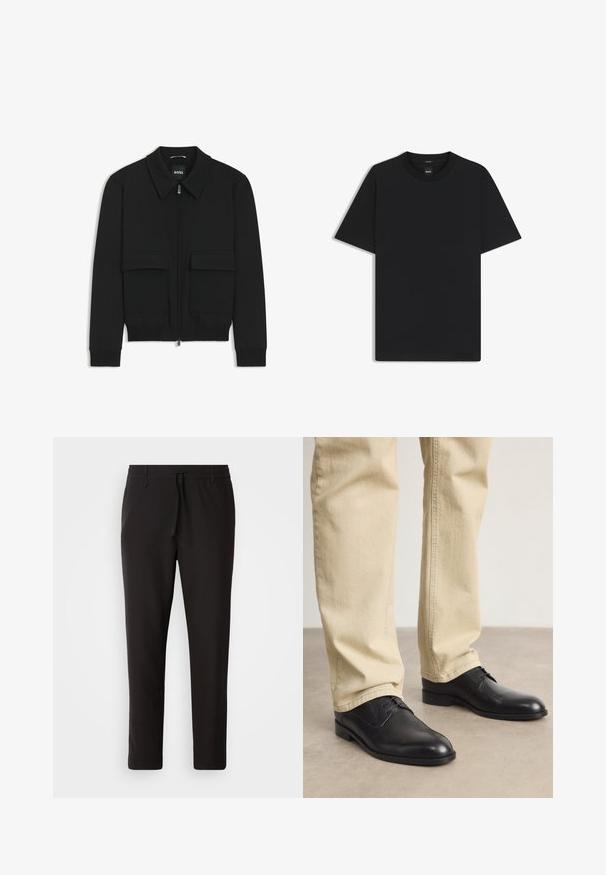 Czarna kurtka bomberka z kołnierzykiem, zapinana na zamek, z dwiema dużymi kieszeniami z klapami. Posiada ściągacze na mankietach i dole, wykonana z teksturowanej tkaniny.; Czarny t-shirt krótki rękaw wykonany z gładkiej mieszanki bawełny, z okrągłym dekoltem i minimalistycznym designem bez wzorów czy akcentów.; Czarne spodnie dresowe wykonane z gładkiego materiału. Posiadają elastyczny pas ze sznurkiem, zwężane nogawki oraz brak widocznych kieszeni. Prosty design.; Czarne skórzane buty na sznurówki z zaokrąglonym czubkiem, gładkim wykończeniem i subtelnymi detalami szycia, noszone z jasnobeżowymi spodniami.