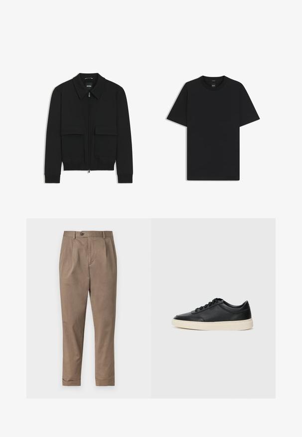 Black bomber jacket with a collared neck, zip front, and two large flap pockets. Features ribbed cuffs and hem, made of textured fabric.; Black short-sleeve T-shirt made from a smooth cotton blend, featuring a crew neckline and a minimalistic design with no patterns or accents.; Khaki trousers with a tailored fit, featuring a front pleat, button closure, and turned-up cuffs. Made from a lightweight cotton blend fabric.; Black low-top leather sneaker with black laces and off-white sole shown in side profile on white background.