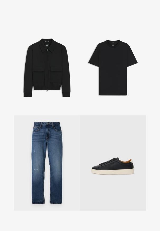 Musta pommikohva takki, jossa on kauluskulli, vetoketju etupuolella ja kaksi suurta läpällistä taskua. Varustettu ribbireunuksilla hihoissa ja helmassa, valmistettu teksturoituneesta kankaasta.; Musta lyhythiha T-paita, joka on valmistettu sileästä puuvillasekoitteesta. Paita on varustettu pyöreällä pääntiehen ja siinä on minimaalinen muotoilu ilman kuvioita tai yksityiskohtia.; Siniset farkut suoran lahkeen muotoilulla. Edessä kuluneita kohtia ja kevyttä kulumista, klassinen napitus.; Mustat nahkasneakerit, joissa on sileä pinta, beige kumipohja, nauhakiinnitys ja erottuva kanta-aksentti.