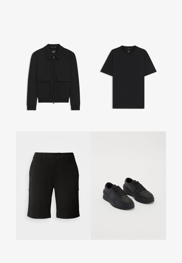 Giacca bomber nera con colletto, chiusura a zip frontale e due grandi tasche con patta. Presenta polsini e orlo a costine, realizzata in tessuto testurizzato.; Maglietta nera a maniche corte realizzata in un morbido misto cotone, con scollatura a girocollo e un design minimalista senza motivi o dettagli.; Pantaloni corti neri realizzati in tessuto morbido con un design su misura, dotati di chiusura frontale con bottone e due tasche laterali. L'orlo è leggermente risvoltato.; Sneaker nere in pelle liscia con suola ammortizzata. Le caratteristiche includono lacci piatti, perforazioni sulla punta e una silhouette elegante.
