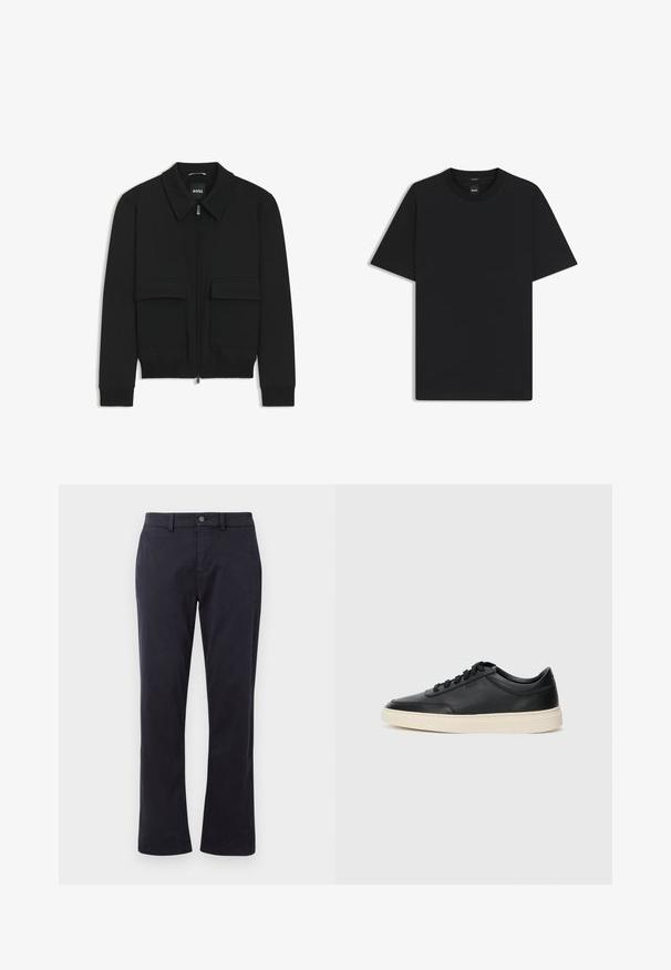 Sort bomberjakke med krave, lynlås foran og to store klaplommer. Har ribbede manchetter og bund, lavet af struktureret stof.; Sort kortærmet T-shirt lavet af en glat bomuldsblanding, med en rund halsudskæring og et minimalistisk design uden mønstre eller accenter.; Mørkeblå lige ben bukser med bæltestropper og forskydningsknap, præsenteret på en hvid baggrund.; Sort lavt top lædersneaker med sorte snørebånd og off-white sål vist i sideprofil på hvid baggrund.