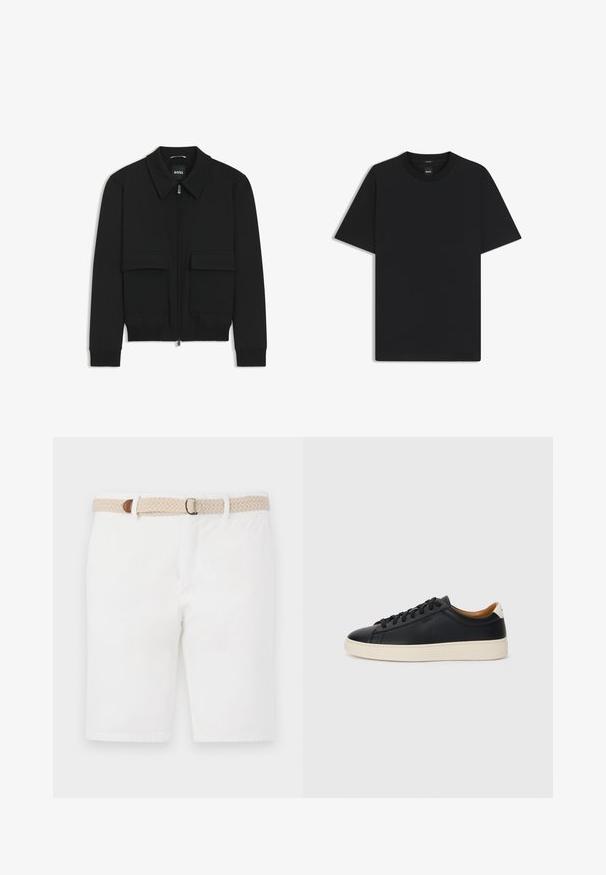 Black bomber jacket with a collared neck, zip front, and two large flap pockets. Features ribbed cuffs and hem, made of textured fabric.; Black short-sleeve T-shirt made from a smooth cotton blend, featuring a crew neckline and a minimalistic design with no patterns or accents.; White cotton shorts featuring a woven beige belt with a brown accent. The shorts have a clean design and a smooth texture.; Black leather sneakers with a smooth texture, beige rubber sole, lace-up design, and a contrasting heel accent.