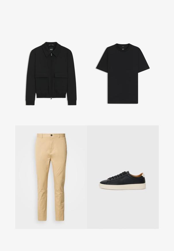 Zwarte bomberjack met een kraag, rits aan de voorkant en twee grote klepzakken. Heeft geribde manchetten en onderrand, gemaakt van textuurstof.; Zwarte korte mouwen T-shirt van een gladde katoenmix, met een ronde halslijn en een minimalistisch ontwerp zonder patronen of accenten.; Beige chinos van katoen met een gladde textuur. Voorzien van een knoopsluiting, riemlussen en taps toelopend naar de enkels.; Zwarte leren sneakers met een gladde textuur, beige rubberen zool, vetersluiting en een contrasterende hielaccent.