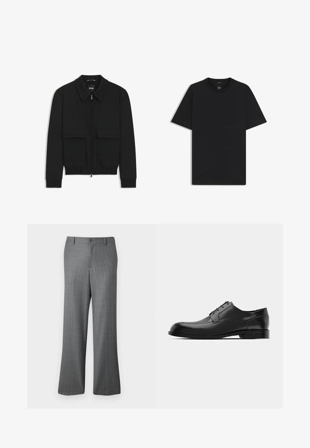 Giacca bomber nera con colletto, chiusura a zip frontale e due grandi tasche con patta. Presenta polsini e orlo a costine, realizzata in tessuto testurizzato.; Maglietta nera a maniche corte realizzata in un morbido misto cotone, con scollatura a girocollo e un design minimalista senza motivi o dettagli.; Pantaloni grigi a righe con vestibilità rilassata, dotati di chiusura con bottone, passanti per cintura e sottili righe azzurro chiaro su tutta la superficie.; Scarpa da dress in pelle nera con punta arrotondata, superficie liscia, cuciture minime e suola piatta con un marchio discreto sul tallone.