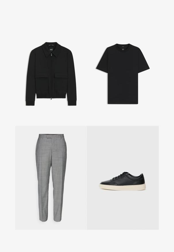 Schwarze Bikerjacke mit Kragen, Reißverschluss vorne und zwei großen Taschen mit Klappen. Mit Rippstrickbündchen und Saum, aus strukturiertem Stoff gefertigt.; Schwarz T-Shirt mit kurzen Ärmeln aus einem glatten Baumwollmix, mit Rundhalsausschnitt und einem minimalistischen Design ohne Muster oder Akzente.; Graue maßgeschneiderte Hose mit einem dezenten Karomuster, geradem Schnitt und glatter Textur, mit flachem Bund und Gürtelschlaufen.; Schwarzer niedriger Ledersneaker mit schwarzen Schnürsenkeln und cremefarbenem Sohlenrand, seitlich auf weißem Hintergrund dargestellt.