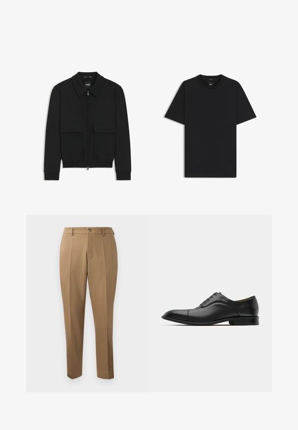 Musta pommikohva takki, jossa on kauluskulli, vetoketju etupuolella ja kaksi suurta läpällistä taskua. Varustettu ribbireunuksilla hihoissa ja helmassa, valmistettu teksturoituneesta kankaasta.; Musta lyhythiha T-paita, joka on valmistettu sileästä puuvillasekoitteesta. Paita on varustettu pyöreällä pääntiehen ja siinä on minimaalinen muotoilu ilman kuvioita tai yksityiskohtia.; Ruske tails-housut, joissa on suora leikkaus, yksittäiset laskokset, vyölenkit ja etupainonappi. Sileä kangas, jossa on matta pinta.; Musta nahkakengät, jossa on sileä pinta, pyöreä kärki ja viisi reikää nauhoja varten. Ominaisuuksiin kuuluu matala pinottu korko ja hillitty saumarakenne.