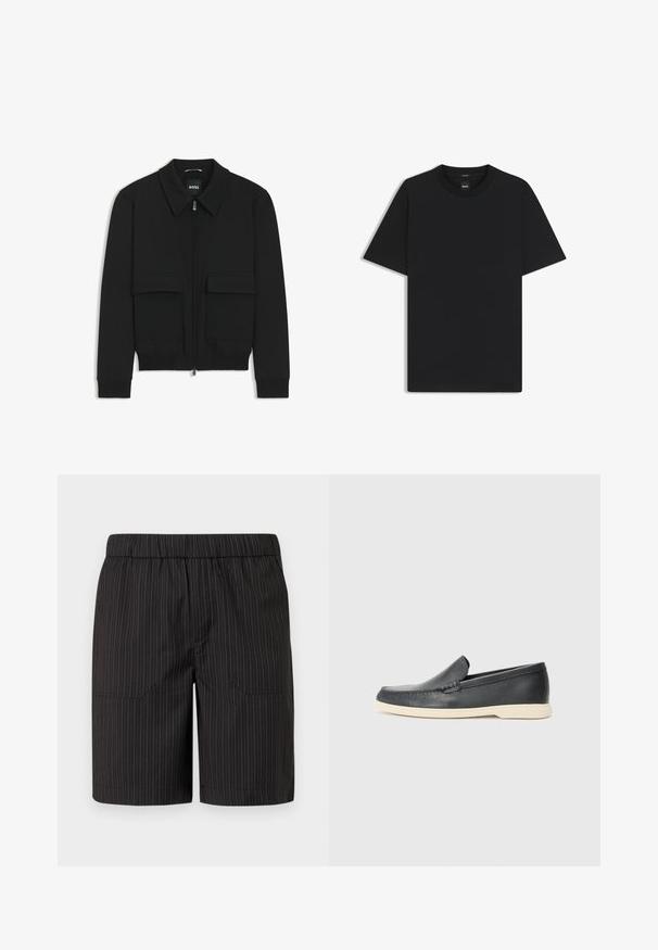 Black bomber jacket with a collared neck, zip front, and two large flap pockets. Features ribbed cuffs and hem, made of textured fabric.; Black short-sleeve T-shirt made from a smooth cotton blend, featuring a crew neckline and a minimalistic design with no patterns or accents.; Black shorts with subtle vertical white pinstripes, elastic waistband, and two side pockets, made from lightweight, textured fabric.; Black leather slip-on loafers with a textured finish and a contrasting beige rubber sole. Features a subtle accent along the front.