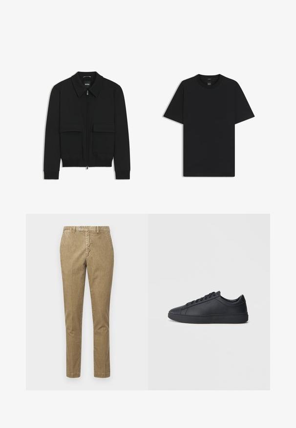 Zwarte bomberjack met een kraag, rits aan de voorkant en twee grote klepzakken. Heeft geribde manchetten en onderrand, gemaakt van textuurstof.; Zwarte korte mouwen T-shirt van een gladde katoenmix, met een ronde halslijn en een minimalistisch ontwerp zonder patronen of accenten.; Beige corduroy broek met een rechte snit, voorzien van een knoopsluiting en zijzakken. Gladde textuur met een zichtbaar geribbeld patroon.; Zwarte sneakers van glad leer met een lage schacht, ronde neus en platte rubberen zool. Voorzien van veters en subtiele branding.