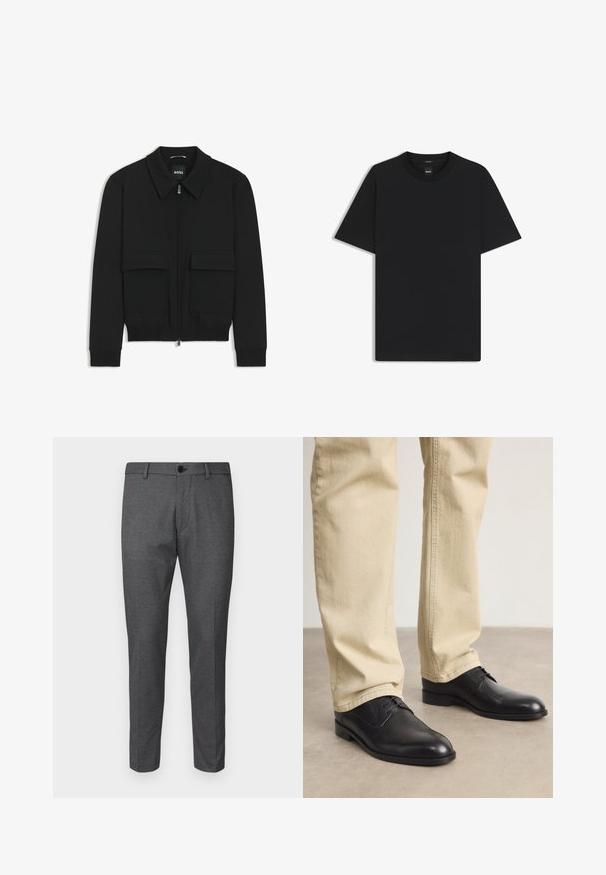 Svart bomberjacka med krage, dragkedja framtill och två stora klafffickor. Har ribbade mudd och nederkant, tillverkad av strukturerad tyg.; Svart kortärmad T-shirt i en mjuk bomullsblandning, med rundad halsringning och en minimalistisk design utan mönster eller detaljer.; DRYKORN AJEND - Chinos - black; Svarta läderskor med snörning, rund tå, slät yta och subtila sömdetaljer, bärs med ljusbeige byxor.