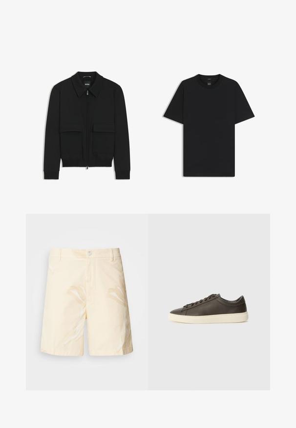 Giacca bomber nera con colletto, chiusura a zip frontale e due grandi tasche con patta. Presenta polsini e orlo a costine, realizzata in tessuto testurizzato.; Maglietta nera a maniche corte realizzata in un morbido misto cotone, con scollatura a girocollo e un design minimalista senza motivi o dettagli.; Pantaloni corti di cotone di un giallo pallido con un motivo floreale. Presentano una chiusura con bottone, tasche frontali e un taglio dritto con bordi rifiniti.; Sneaker in pelle marrone scuro con finitura testurizzata, suola in gomma bianca e lacci piatti. Design minimalista senza loghi visibili.
