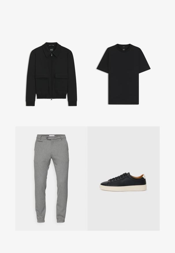 Musta pommikohva takki, jossa on kauluskulli, vetoketju etupuolella ja kaksi suurta läpällistä taskua. Varustettu ribbireunuksilla hihoissa ja helmassa, valmistettu teksturoituneesta kankaasta.; Musta lyhythiha T-paita, joka on valmistettu sileästä puuvillasekoitteesta. Paita on varustettu pyöreällä pääntiehen ja siinä on minimaalinen muotoilu ilman kuvioita tai yksityiskohtia.; Harmaat housut, joissa on teksturoitu, kudottu kangas; slim fit -malli; viiden taskun muotoilu; napitus; kapenevat nilkat; hillitty kuvio.; Mustat nahkasneakerit, joissa on sileä pinta, beige kumipohja, nauhakiinnitys ja erottuva kanta-aksentti.