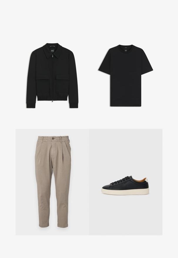 Black bomber jacket with a collared neck, zip front, and two large flap pockets. Features ribbed cuffs and hem, made of textured fabric.; Black short-sleeve T-shirt made from a smooth cotton blend, featuring a crew neckline and a minimalistic design with no patterns or accents.; Beige trousers with a textured fabric, featuring a button closure and an elastic waistband. Designed with a tapered leg and front pleats.; Black leather sneakers with a smooth texture, beige rubber sole, lace-up design, and a contrasting heel accent.