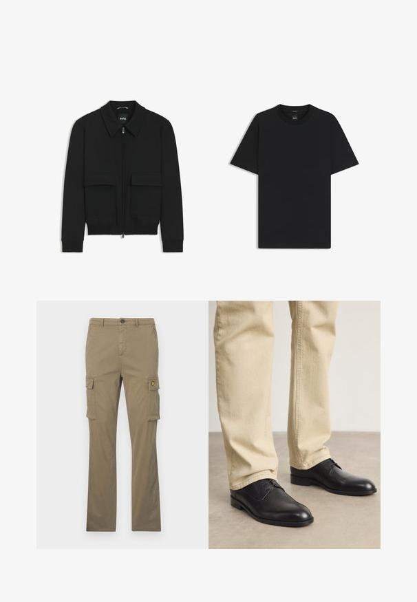Schwarze Bikerjacke mit Kragen, Reißverschluss vorne und zwei großen Taschen mit Klappen. Mit Rippstrickbündchen und Saum, aus strukturiertem Stoff gefertigt.; Schwarz T-Shirt mit kurzen Ärmeln aus einem glatten Baumwollmix, mit Rundhalsausschnitt und einem minimalistischen Design ohne Muster oder Akzente.; Khakifarbene Cargo-Hosen aus Baumwolle mit geraden Beinen, zwei Seitentaschen und einem kleinen gelben Logo-Patch auf der linken Tasche.; Schwarze Leder Schnürschuhe mit runder Zehenform, glatter Oberfläche und dezenten Nähdetails, getragen mit hellbeigen Hosen.