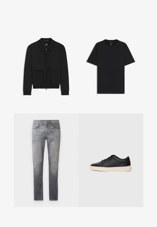 Giacca bomber nera con colletto, chiusura a zip frontale e due grandi tasche con patta. Presenta polsini e orlo a costine, realizzata in tessuto testurizzato.; Maglietta nera a maniche corte realizzata in un morbido misto cotone, con scollatura a girocollo e un design minimalista senza motivi o dettagli.; Jeans in denim grigio con vestibilità a gamba dritta, caratterizzati da un design sbiadito, cinque tasche e una vita standard con chiusura a bottone.; Sneaker in pelle nera a basso profilo con lacci neri e suola avorio, mostrato di profilo su sfondo bianco.
