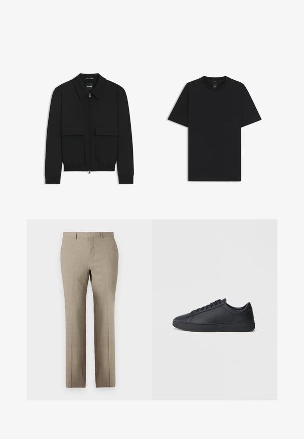 Schwarze Bikerjacke mit Kragen, Reißverschluss vorne und zwei großen Taschen mit Klappen. Mit Rippstrickbündchen und Saum, aus strukturiertem Stoff gefertigt.; Schwarz T-Shirt mit kurzen Ärmeln aus einem glatten Baumwollmix, mit Rundhalsausschnitt und einem minimalistischen Design ohne Muster oder Akzente.; Beige maßgeschneiderte Hosen mit glatter Textur, geradem Schnitt, dezentem Karomuster und flachem Bund. Zwei Gesäßtaschen enthalten.; Schwarze Sneaker aus glattem Leder mit einem tiefen Design, runder Zehenform und flacher Gummi-Sohle. Mit Schnürsenkeln und dezentem Branding.