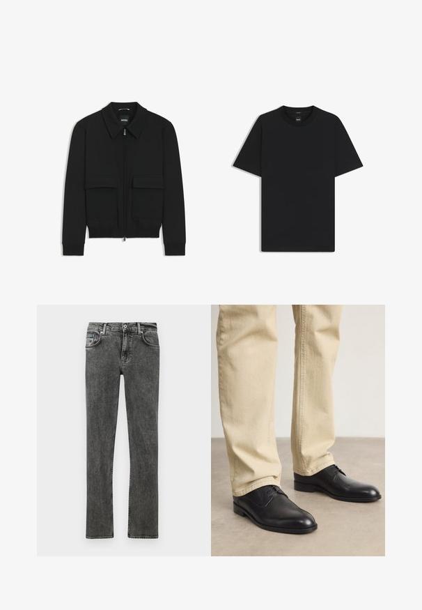 Musta pommikohva takki, jossa on kauluskulli, vetoketju etupuolella ja kaksi suurta läpällistä taskua. Varustettu ribbireunuksilla hihoissa ja helmassa, valmistettu teksturoituneesta kankaasta.; Musta lyhythiha T-paita, joka on valmistettu sileästä puuvillasekoitteesta. Paita on varustettu pyöreällä pääntiehen ja siinä on minimaalinen muotoilu ilman kuvioita tai yksityiskohtia.; Harmaat farkut, joissa on suora lahje, perinteinen viisi-taskuinen muotoilu, napituskumppu ja hienovaraista haalistumista ympäri.; Musta nahkakengät nauhalla, pyöreällä kärjellä, sileällä pinnalla ja hienovaraisilla ompelutiedoilla, käytettynä vaaleanbeigejen housujen kanssa.