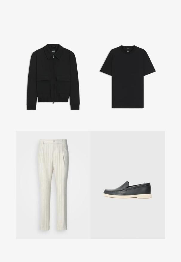 Chaqueta bomber negra con cuello tipo camisa, cierre frontal de cremallera y dos grandes bolsillos con solapa. Presenta puños ribeteados y dobladillo, confeccionada en tela texturizada.; Camiseta negra de manga corta fabricada con una suave mezcla de algodón, que presenta un cuello redondo y un diseño minimalista sin patrones ni acentos.; Pantalones plisados de tela ligera, con una base crema y finas rayas verticales azules. Con puños en los bajos y un solo botón en la parte frontal.; Mocasines de piel negra sin cordones con un acabado texturizado y una suela de goma beige en contraste. Presentan un sutil acento en la parte frontal.