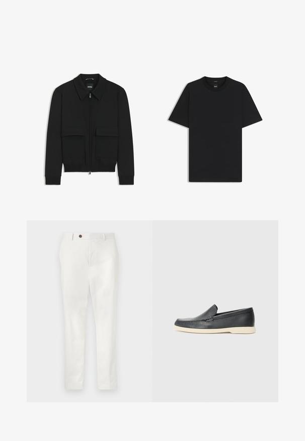 Zwarte bomberjack met een kraag, rits aan de voorkant en twee grote klepzakken. Heeft geribde manchetten en onderrand, gemaakt van textuurstof.; Zwarte korte mouwen T-shirt van een gladde katoenmix, met een ronde halslijn en een minimalistisch ontwerp zonder patronen of accenten.; Witte broek van lichtgewicht stof, met een rechte pijpdesign, een enkele bruine knop in de taille en minimalistische styling.; Zwarte leren instappers met een gestructureerde afwerking en een contrasterende beige rubberen zool. Beschikt over een subtiele accent langs de voorkant.