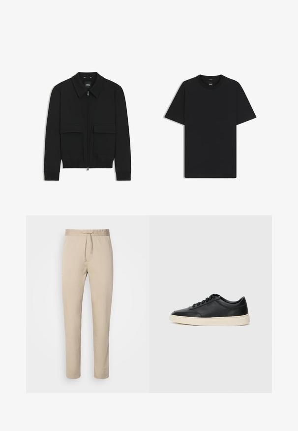 Czarna kurtka bomberka z kołnierzykiem, zapinana na zamek, z dwiema dużymi kieszeniami z klapami. Posiada ściągacze na mankietach i dole, wykonana z teksturowanej tkaniny.; Czarny t-shirt krótki rękaw wykonany z gładkiej mieszanki bawełny, z okrągłym dekoltem i minimalistycznym designem bez wzorów czy akcentów.; Beżowe spodnie z elastycznym pasem i sznurkiem. Posiadają prosty krój nogawki, wykonane z gładkiego materiału.; Czarne niskie skórzane sneakersy z czarnymi sznurówkami i off-white podeszwą, prezentowane w profilu bocznym na białym tle.