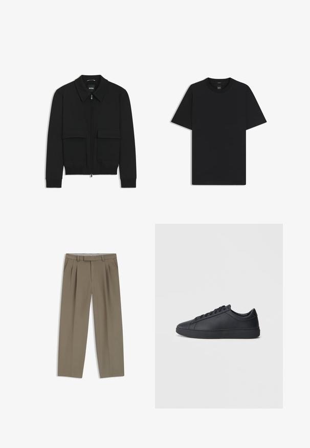 Zwarte bomberjack met een kraag, rits aan de voorkant en twee grote klepzakken. Heeft geribde manchetten en onderrand, gemaakt van textuurstof.; Zwarte korte mouwen T-shirt van een gladde katoenmix, met een ronde halslijn en een minimalistisch ontwerp zonder patronen of accenten.; Khaki geplooide broeken met zijzakken, riemlussen en een rechte pijp, plat weergegeven op een witte achtergrond.; Zwarte sneakers van glad leer met een lage schacht, ronde neus en platte rubberen zool. Voorzien van veters en subtiele branding.