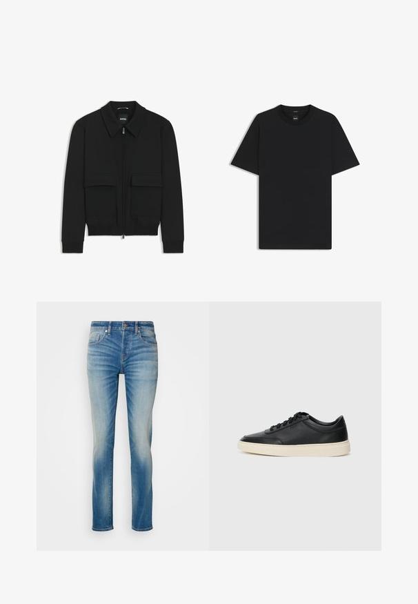 Musta pommikohva takki, jossa on kauluskulli, vetoketju etupuolella ja kaksi suurta läpällistä taskua. Varustettu ribbireunuksilla hihoissa ja helmassa, valmistettu teksturoituneesta kankaasta.; Musta lyhythiha T-paita, joka on valmistettu sileästä puuvillasekoitteesta. Paita on varustettu pyöreällä pääntiehen ja siinä on minimaalinen muotoilu ilman kuvioita tai yksityiskohtia.; Vaaleansiniset farkut suoralla slim fit -leikkauksella, joissa on viisi taskua ja hienovarainen kuluminen reiden kohdalla. Metallinen nappi ja vetoketjukiinnitys.; Musta matalavartinen nahkastretchu, jossa on mustat nauhat ja vaaleanharmaa pohja, esitetty sivuprofiilissa valkoista taustaa vasten.