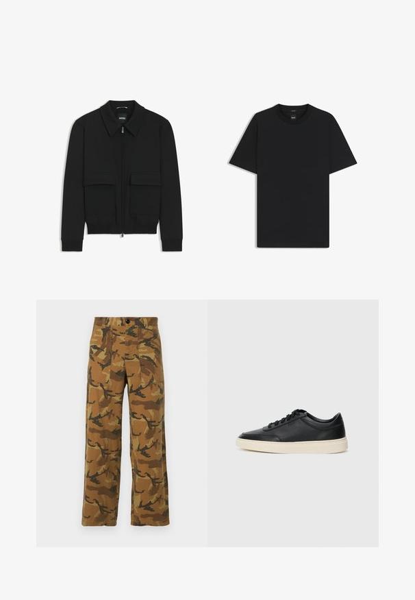 Schwarze Bikerjacke mit Kragen, Reißverschluss vorne und zwei großen Taschen mit Klappen. Mit Rippstrickbündchen und Saum, aus strukturiertem Stoff gefertigt.; Schwarz T-Shirt mit kurzen Ärmeln aus einem glatten Baumwollmix, mit Rundhalsausschnitt und einem minimalistischen Design ohne Muster oder Akzente.; Cargohosen mit Camouflage-Muster in Brauntönen und Grüntönen, aus leichtem Stoff gefertigt, mit vier Taschen und einem Knopfverschluss.; Schwarzer niedriger Ledersneaker mit schwarzen Schnürsenkeln und cremefarbenem Sohlenrand, seitlich auf weißem Hintergrund dargestellt.