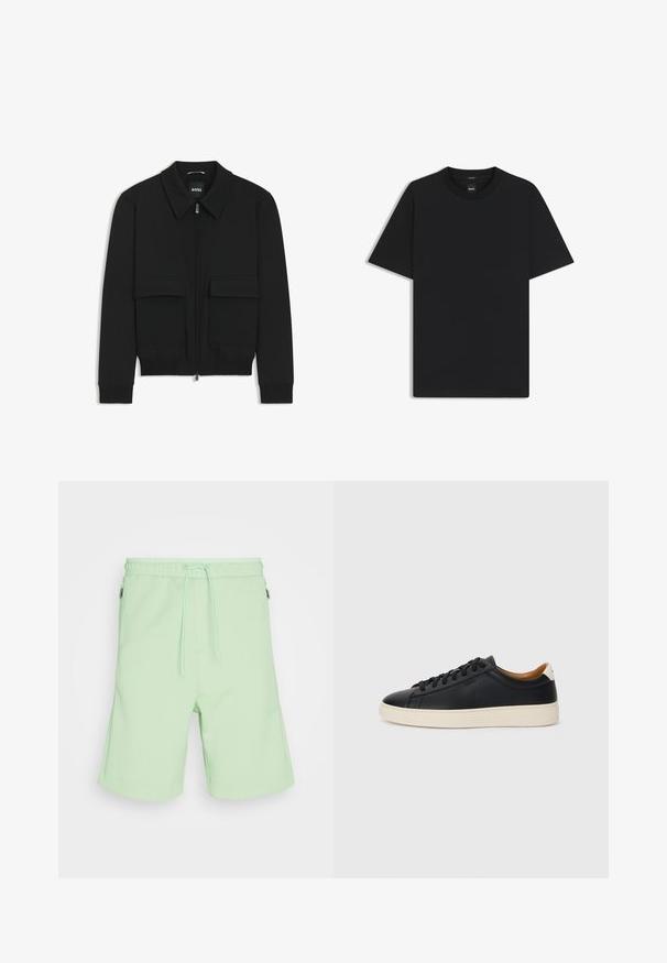 Svart bomberjacka med krage, dragkedja framtill och två stora klafffickor. Har ribbade mudd och nederkant, tillverkad av strukturerad tyg.; Svart kortärmad T-shirt i en mjuk bomullsblandning, med rundad halsringning och en minimalistisk design utan mönster eller detaljer.; BOSS HEADLO - Träningsbyxor - open green; Svarta lädersneakers med en slät yta, beige gummisula, snörning och en kontrasterande hälackcent.