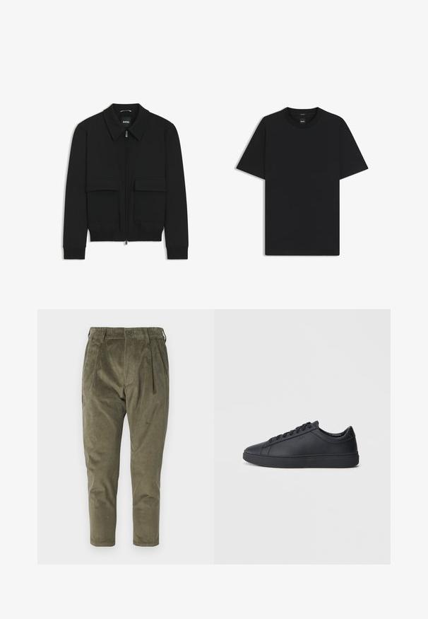 Black bomber jacket with a collared neck, zip front, and two large flap pockets. Features ribbed cuffs and hem, made of textured fabric.; Black short-sleeve T-shirt made from a smooth cotton blend, featuring a crew neckline and a minimalistic design with no patterns or accents.; Olive green corduroy pants with a relaxed fit, featuring pleats, an elastic waistband, and tapered legs. Textured fabric with vertical ribs.; Black sneakers made of smooth leather with a low-top design, round toe, and flat rubber sole. Features laces and subtle branding.