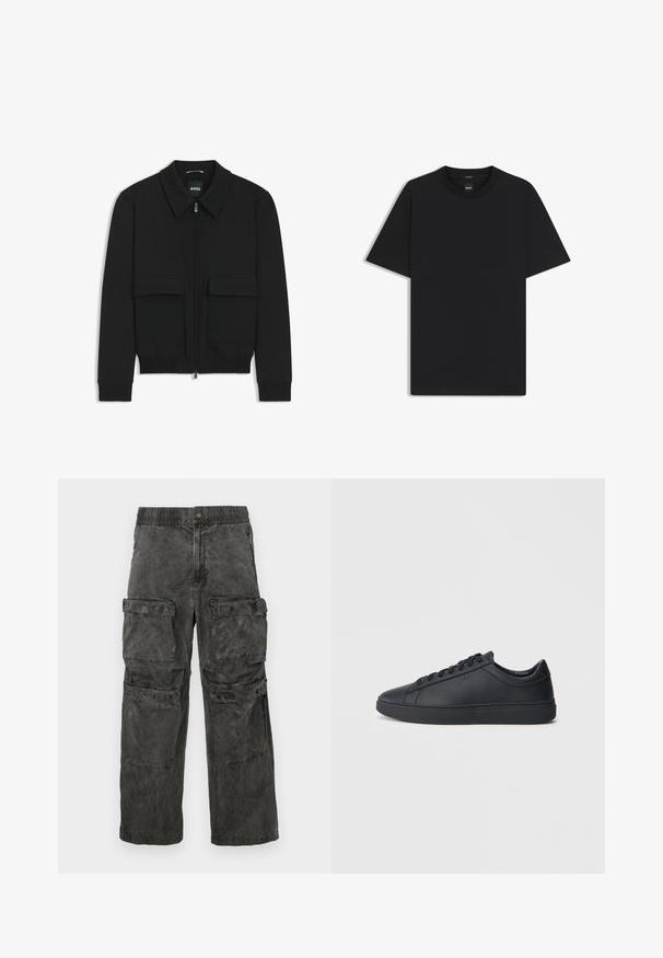 Musta pommikohva takki, jossa on kauluskulli, vetoketju etupuolella ja kaksi suurta läpällistä taskua. Varustettu ribbireunuksilla hihoissa ja helmassa, valmistettu teksturoituneesta kankaasta.; Musta lyhythiha T-paita, joka on valmistettu sileästä puuvillasekoitteesta. Paita on varustettu pyöreällä pääntiehen ja siinä on minimaalinen muotoilu ilman kuvioita tai yksityiskohtia.; Cargo-housut haalistuneesta mustasta kangasta, joissa on joustava vyötärö, useita sivutaskuja ja hieman pesty pinta.; Mustat lenkkarit, jotka on valmistettu sileästä nahasta, matalalla varrella, pyöreällä varvalla ja tasaisella kumipohjalla. Varusteena nauhat ja huomaamaton brändäys.
