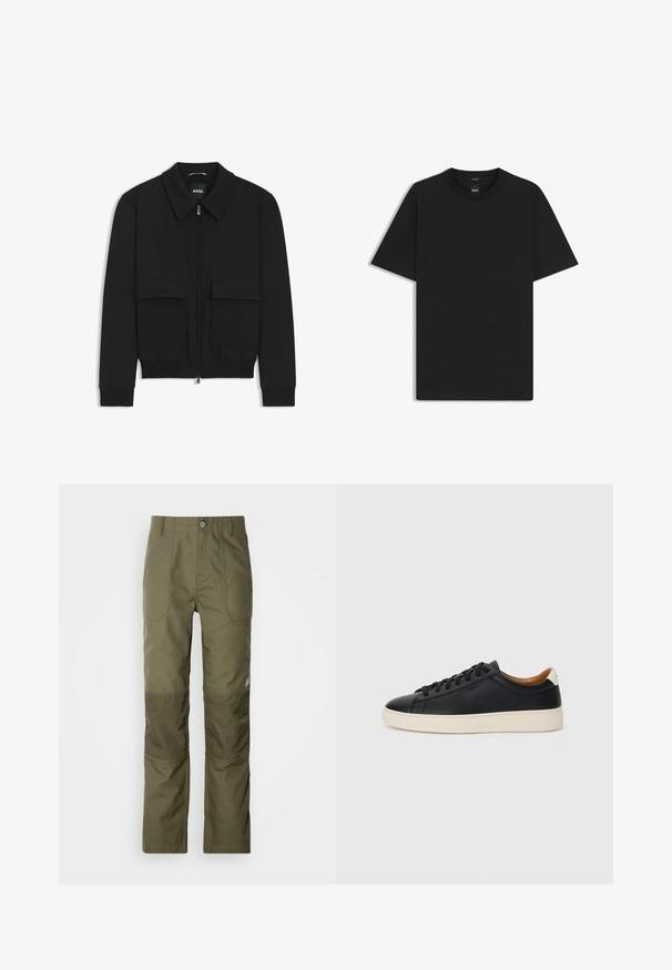 Musta pommikohva takki, jossa on kauluskulli, vetoketju etupuolella ja kaksi suurta läpällistä taskua. Varustettu ribbireunuksilla hihoissa ja helmassa, valmistettu teksturoituneesta kankaasta.; Musta lyhythiha T-paita, joka on valmistettu sileästä puuvillasekoitteesta. Paita on varustettu pyöreällä pääntiehen ja siinä on minimaalinen muotoilu ilman kuvioita tai yksityiskohtia.; Oliivinvihreät suorat housut, joissa on vahvistetut polvipatchit, kaksi etutaskua ja nappisulku vyötäröllä.; Mustat nahkasneakerit, joissa on sileä pinta, beige kumipohja, nauhakiinnitys ja erottuva kanta-aksentti.
